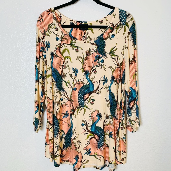 JM Collection Tops - JM Collection Top Womens 2X Peacock Floral Print Shirt Stretchy Whimsical Artsy